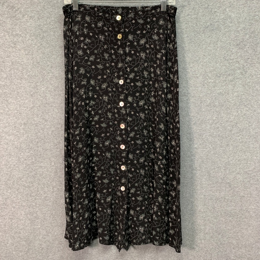 Worthington Vintage 90s Black Floral Button Midi Skirt 12P Whimsigoth Feminine